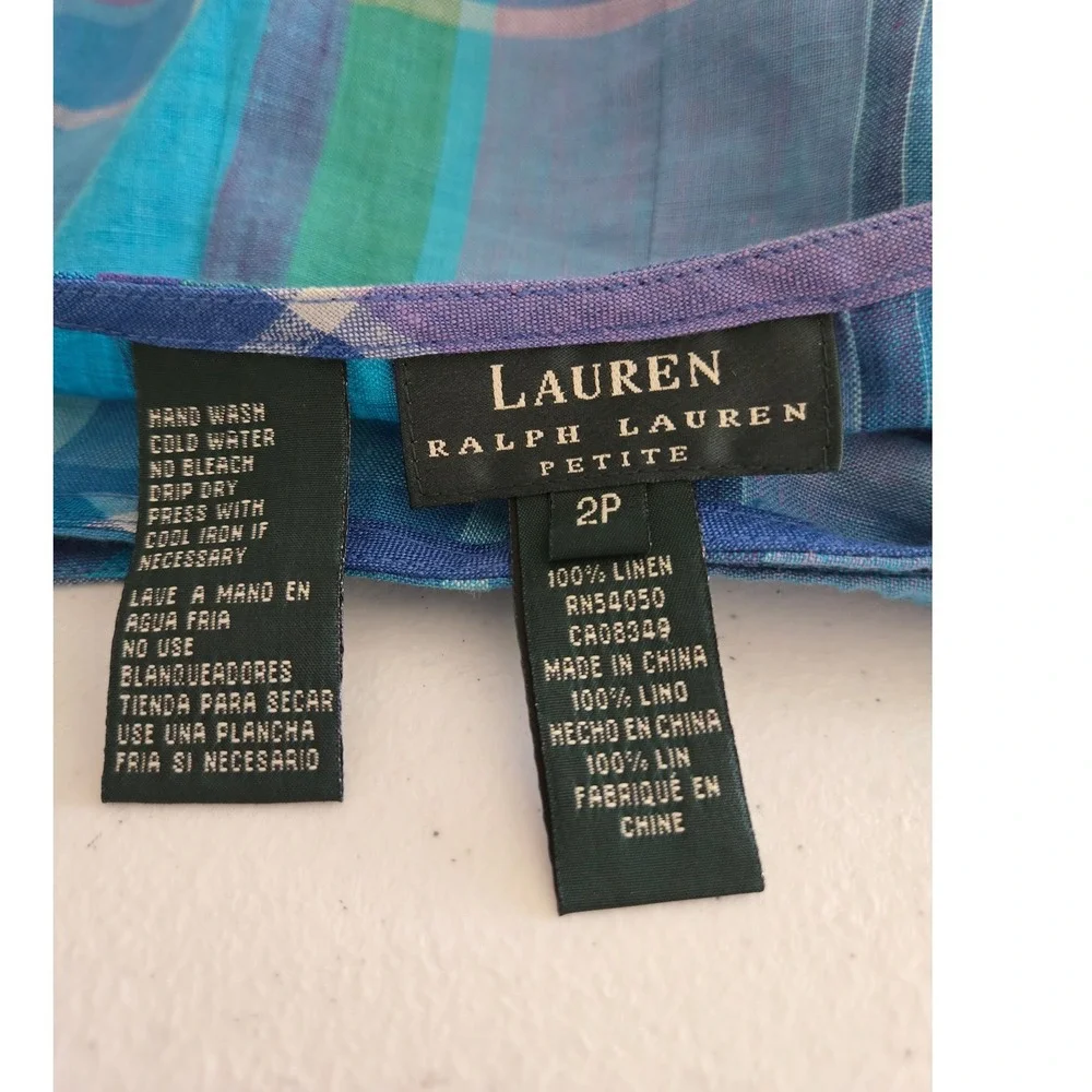 Lauren Ralph Lauren Womens 2 Petite Wrap Skirt Blue Plaid Linen Midi Preppy